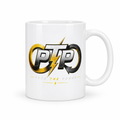 White glossy mug out of its box with the design facing forward